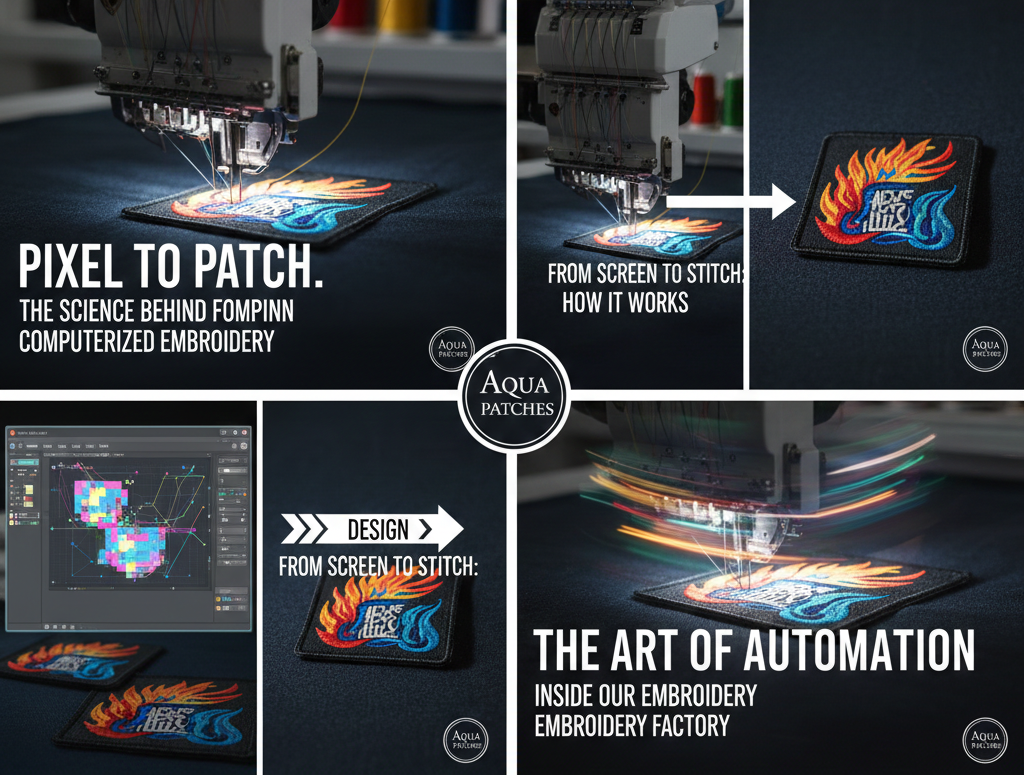 Infographic showing the computerized embroidery process from digital design to physical patch at the Aqua Patches factory.