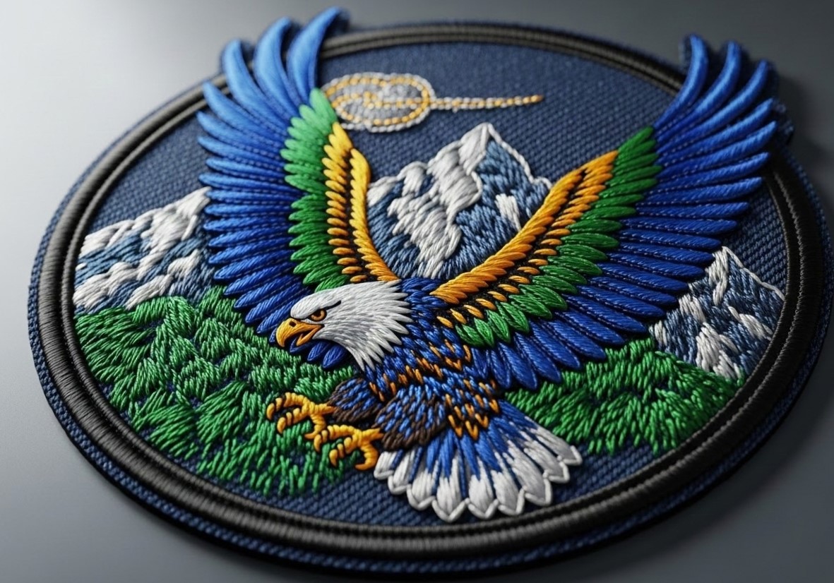 Infographic about custom embroidered patches, showing a round high-detail eagle patch on denim. Text lists features like premium textured look, durability, and uses for work uniforms, brand logos, and military patches.