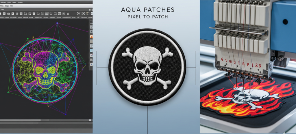 Horizontal infographic titled "Aqua Patches Pixel to Patch" showing a digital skull stitch map, a finished round skull and crossbones embroidered patch, and a patch being manufactured on an industrial machine.