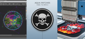 Horizontal infographic titled "Aqua Patches Pixel to Patch" showing a digital skull stitch map, a finished round skull and crossbones embroidered patch, and a patch being manufactured on an industrial machine.