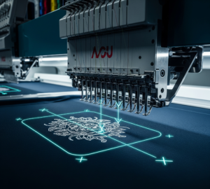Industrial computerized embroidery machine head in motion, stitching a white design on navy fabric with neon aqua X and Y coordinate grid lines.