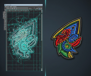 Split-screen graphic showing an intricate digital embroidery digitizing wireframe on a grid alongside a high-density, multi-colored physical embroidered patch.