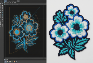 Split screen showing digital embroidery digitizing software wireframe alongside a physical blue and white floral embroidered patch.