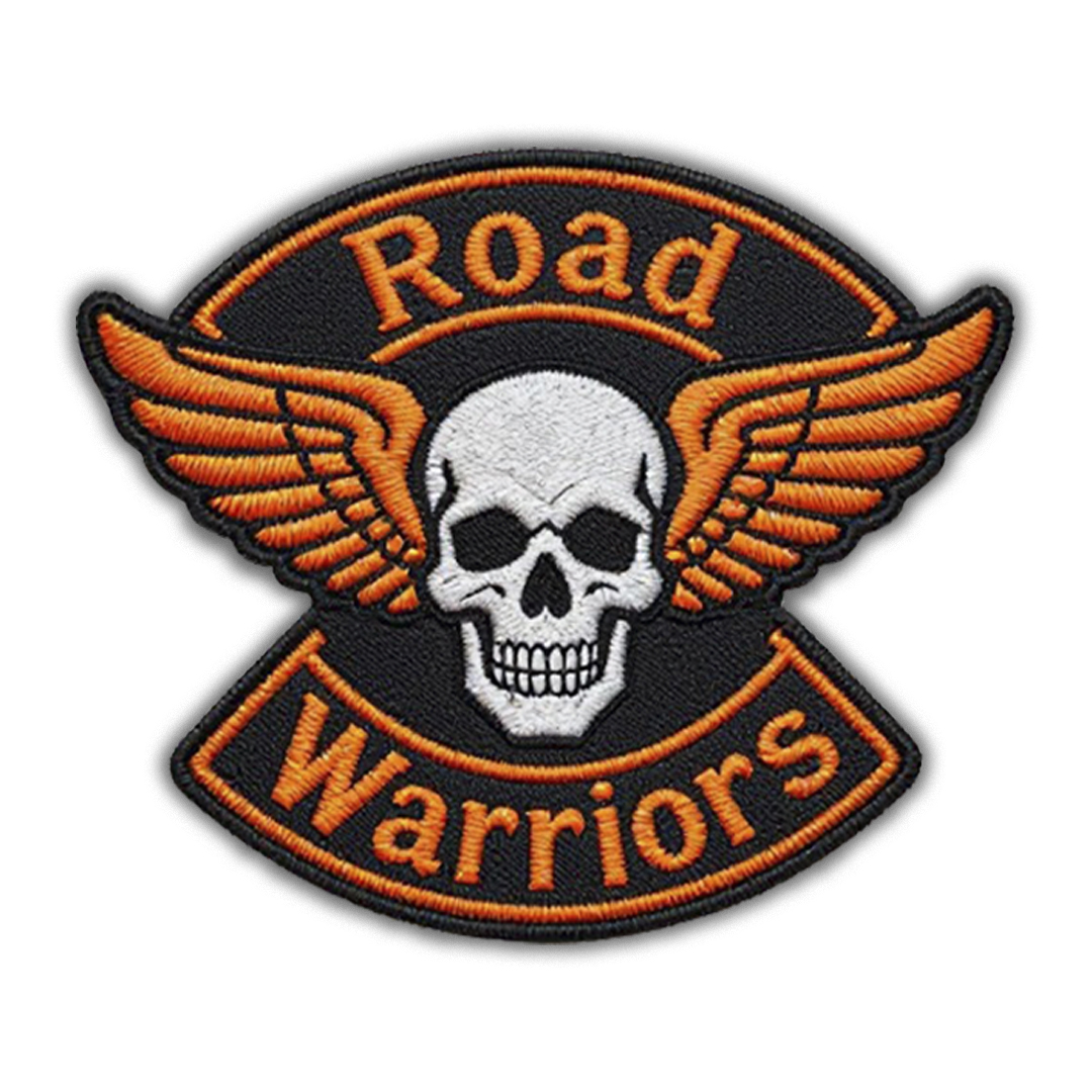 Large embroidered motorcycle club back patch with central skull, vibrant orange wings, and ROAD WARRIORS top and bottom rockers.