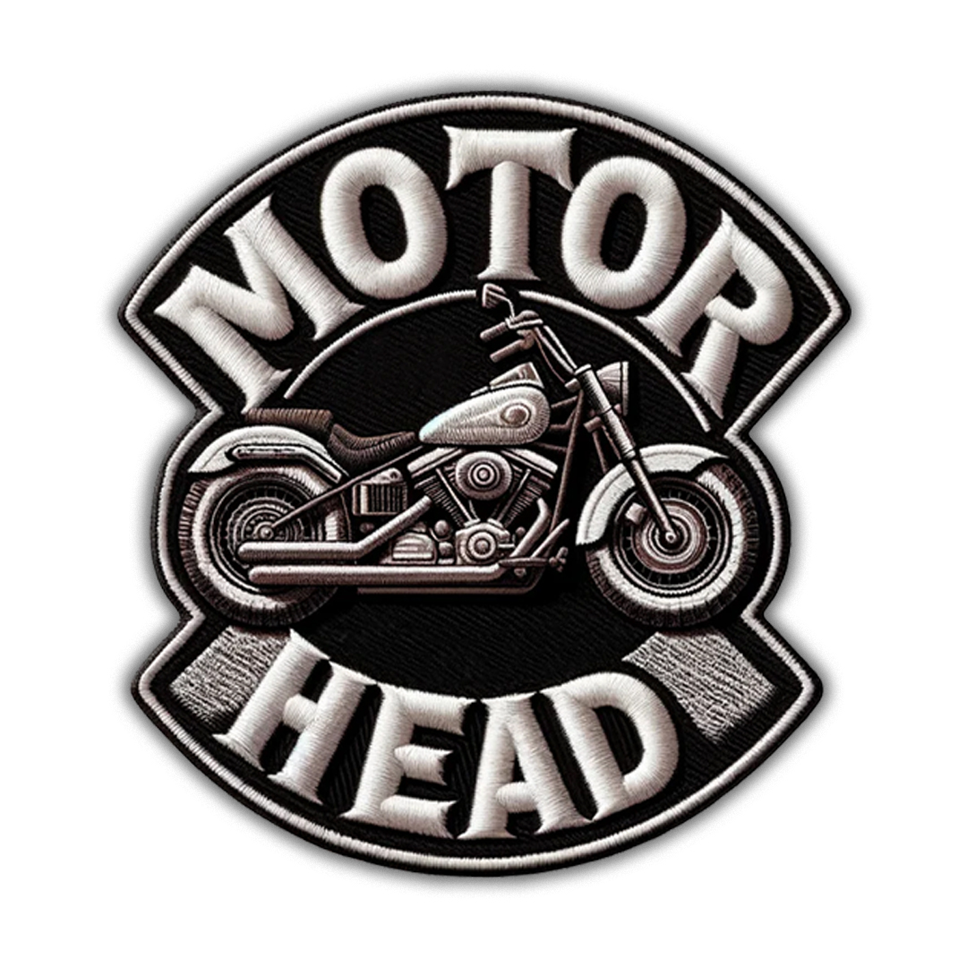 Circular black embroidered patch displaying a detailed vintage custom chopper motorcycle and white MOTOR HEAD text.