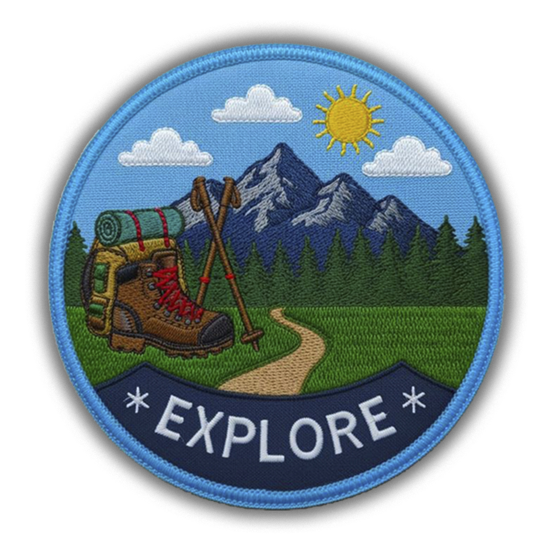 Round adventure patch featuring embroidered hiking boots, green backpack with bedroll, and trekking poles with EXPLORE text.