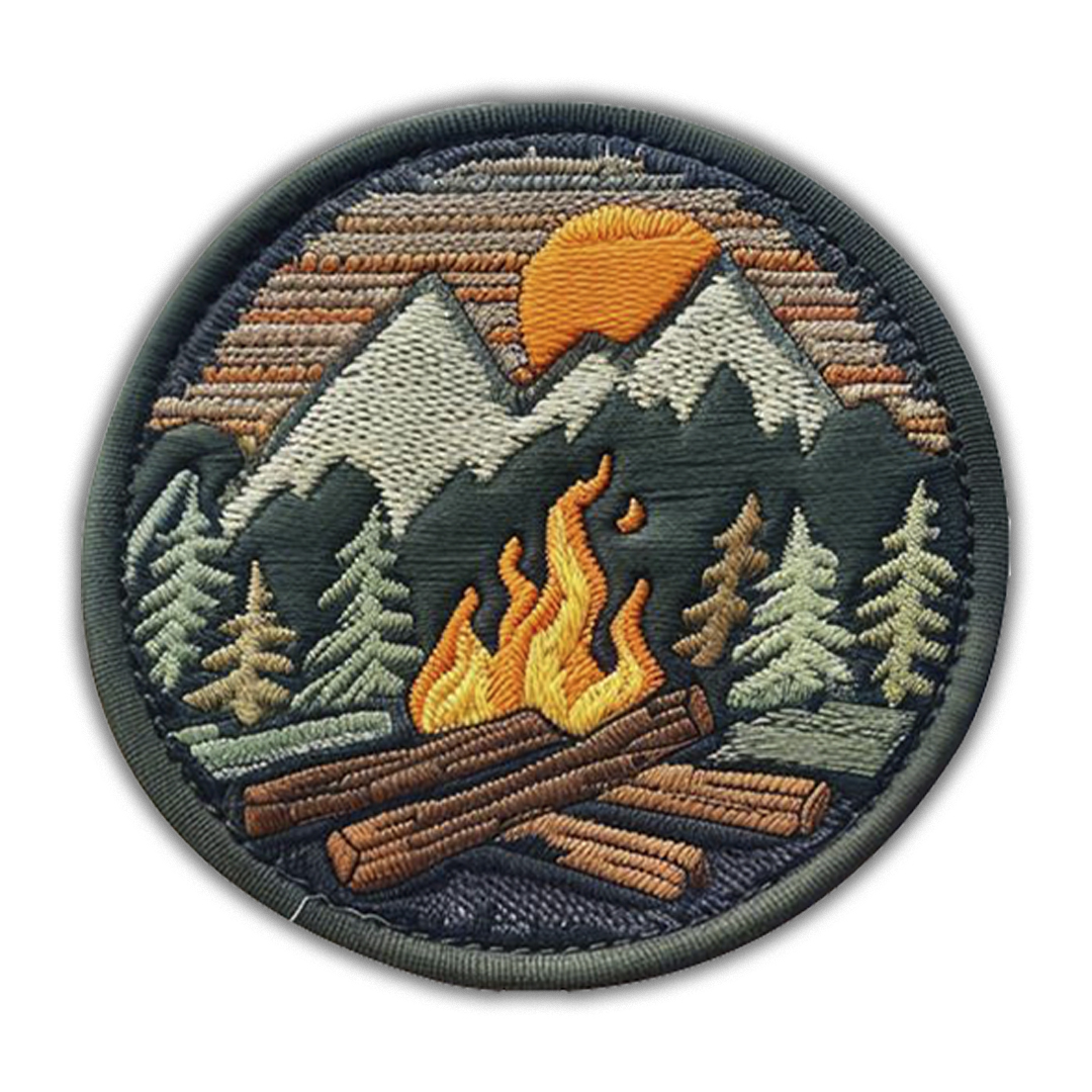Round outdoor adventure patch showing a blazing orange campfire in a forest setting against a mountain sunset.