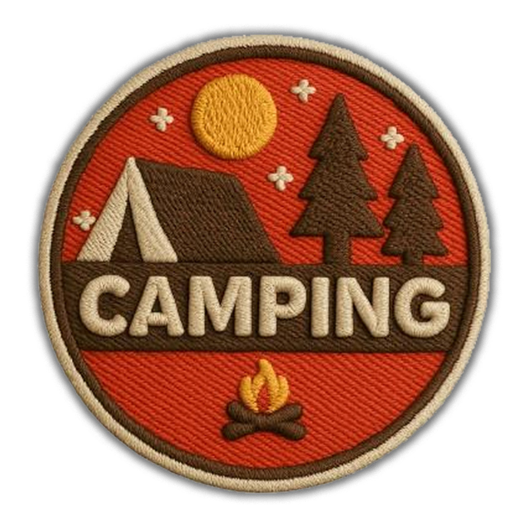 Round red and brown camping patch with embroidered tent, pine trees, and campfire design.