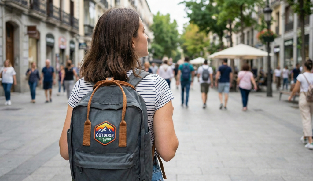Rear view of a person walking through a city street wearing a grey backpack featuring a vibrant outdoor-themed custom patch.