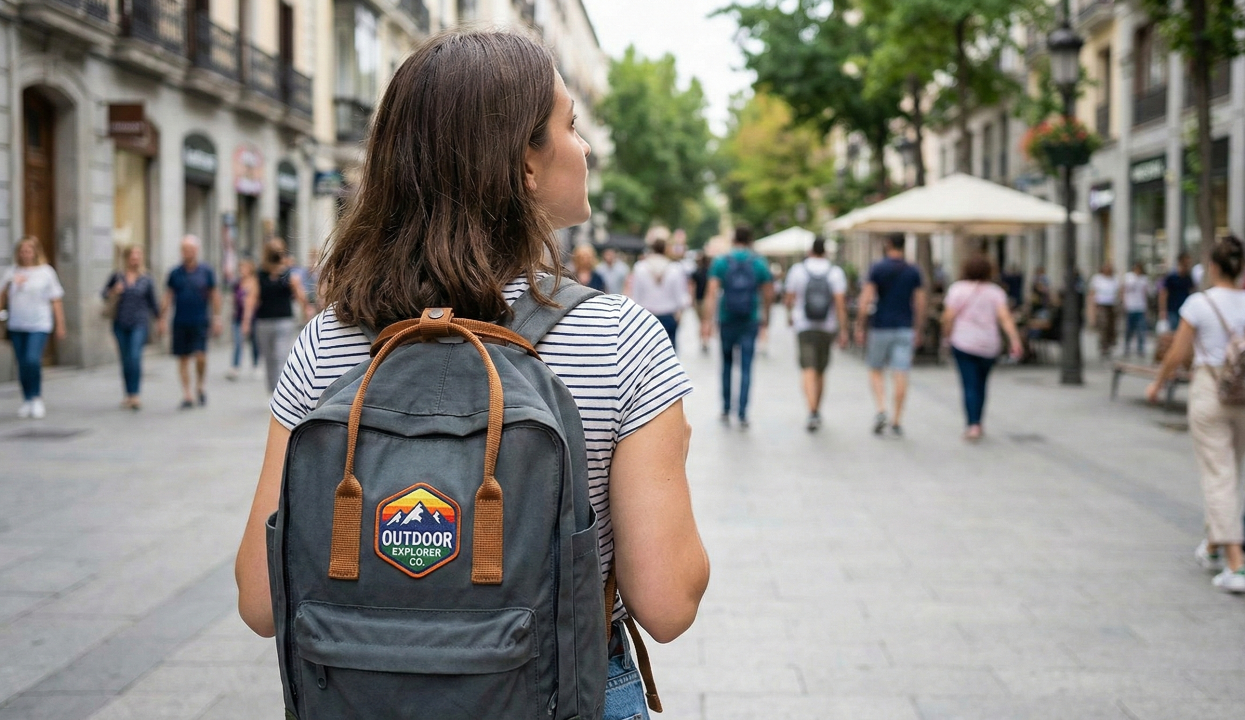 Rear view of a person walking through a city street wearing a grey backpack featuring a vibrant outdoor-themed custom patch.