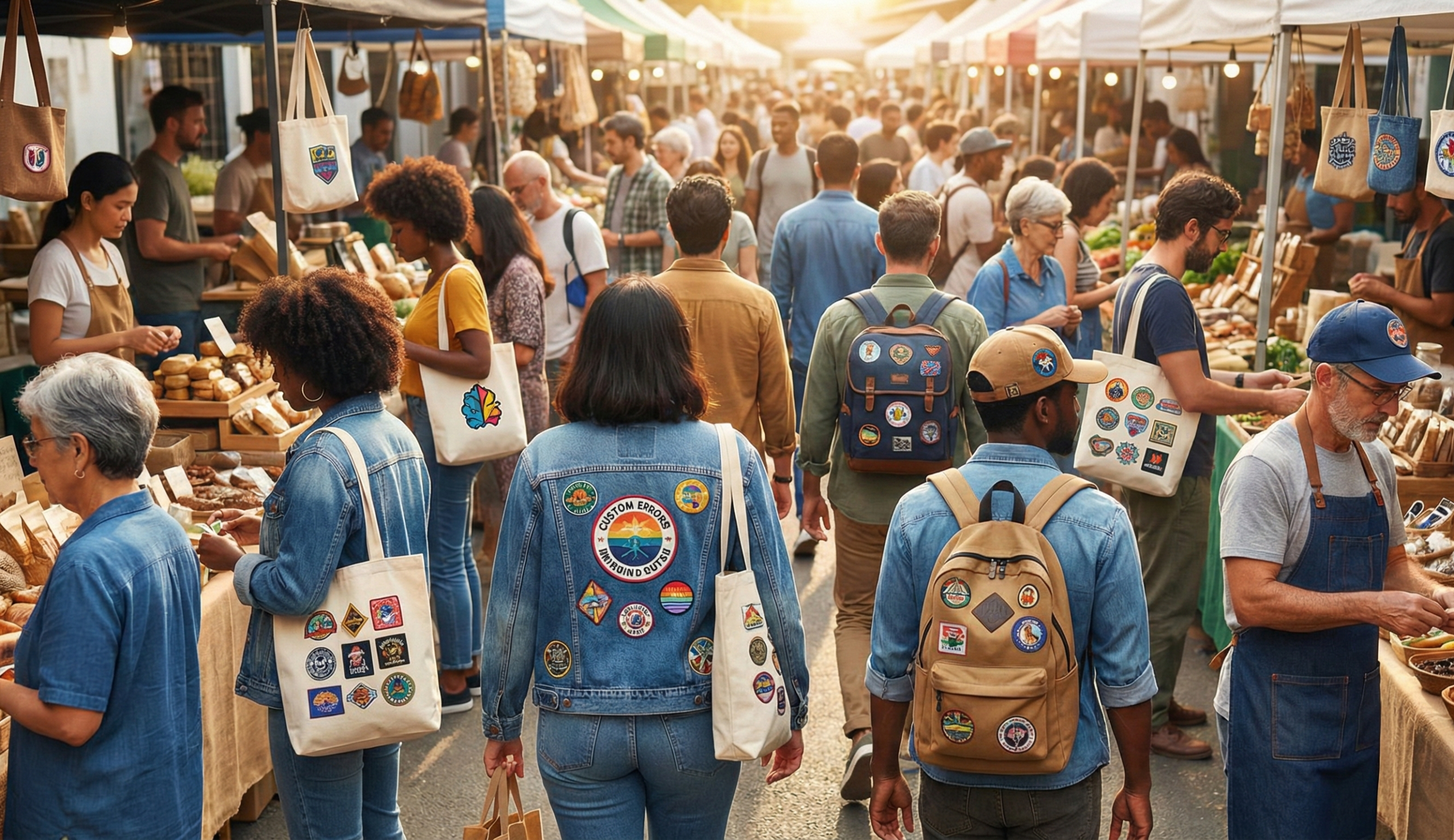 A busy outdoor market scene showing diverse customers wearing tote bags and jackets featuring colorful custom logo patches.
