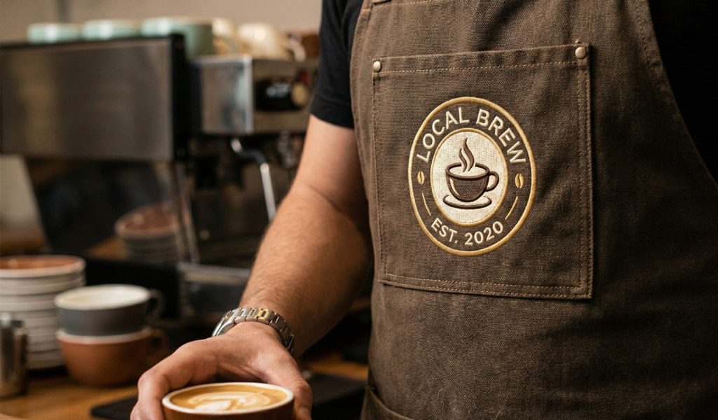 Close-up of a coffee shop barista wearing a brown heavy canvas apron with a premium round embroidered logo patch stitched on the chest.