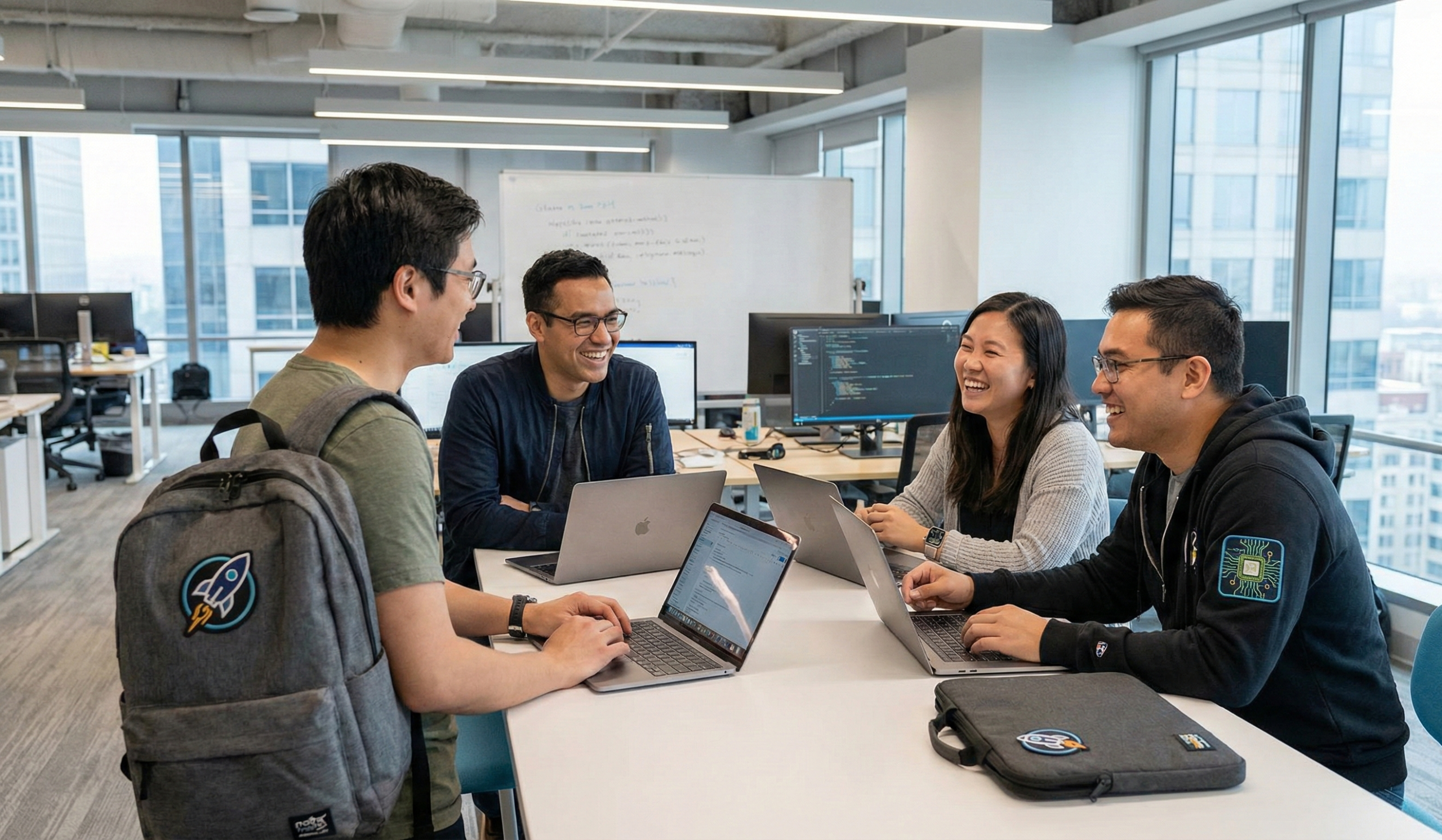A group of diverse tech professionals collaborating at a table, with branded company logo patches visible on their backpacks and hoodies.